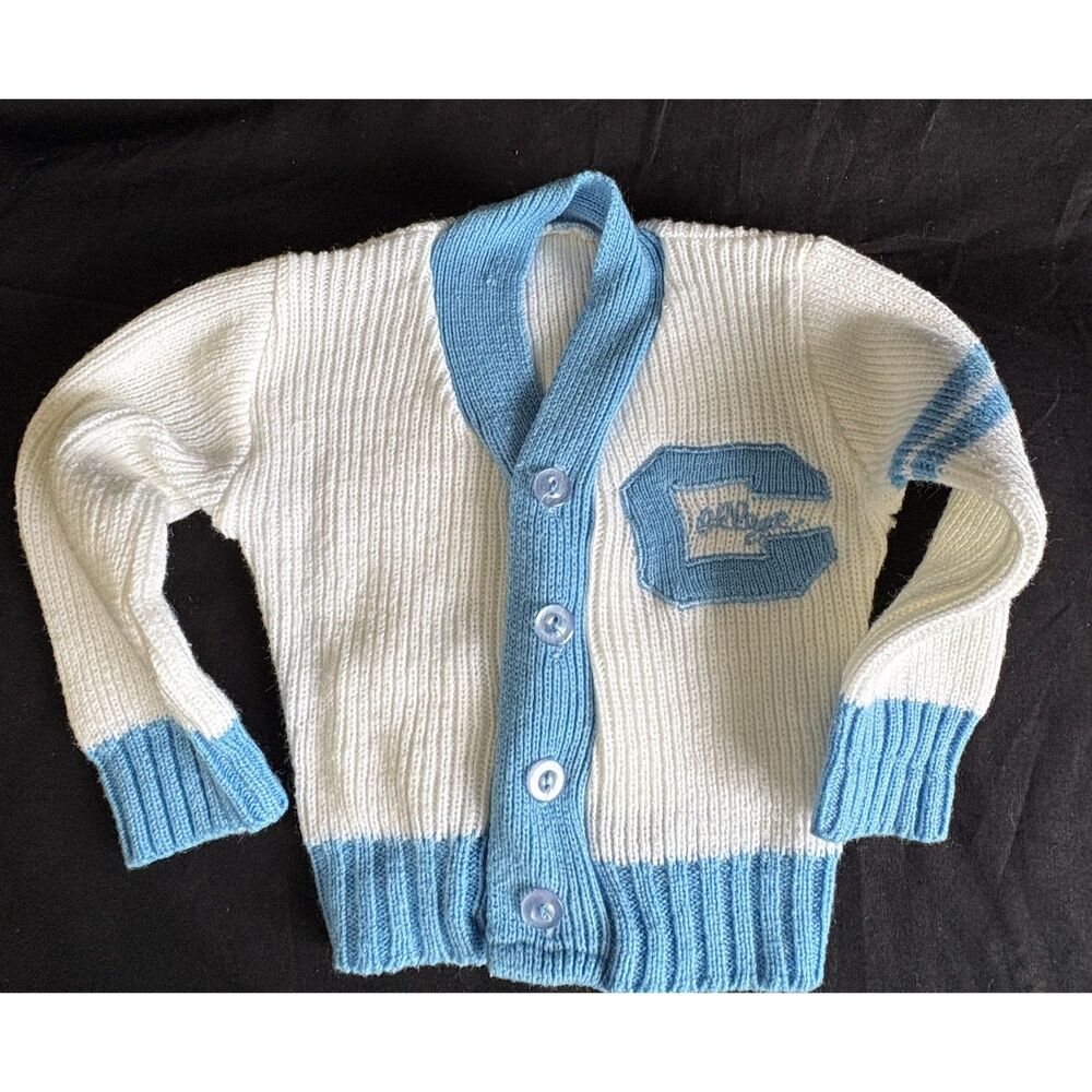 Vintage 70s Baby Varsity Cardigan, Blue Cream Collegiate C Letter Sweater